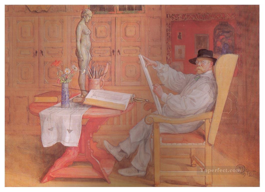 self portrait in the studio 1912 Carl Larsson Oil Paintings